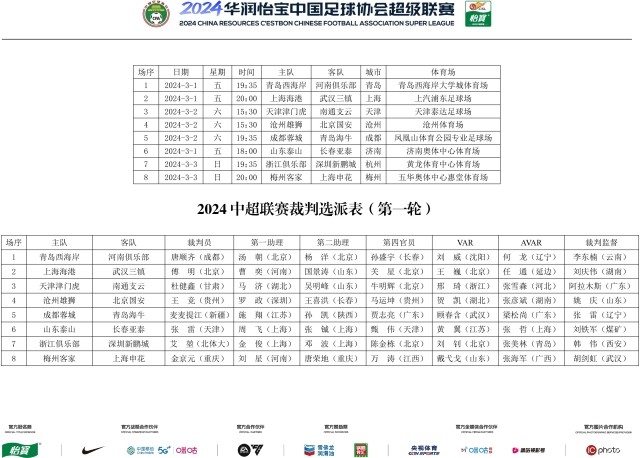 中超首轮裁判名单公布