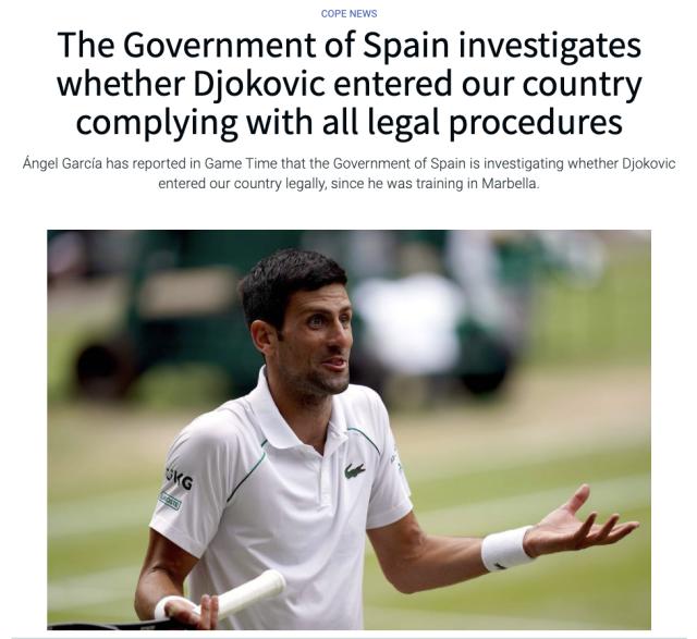 德约遭西班牙“非法入境”调查 没打疫苗须申请豁免