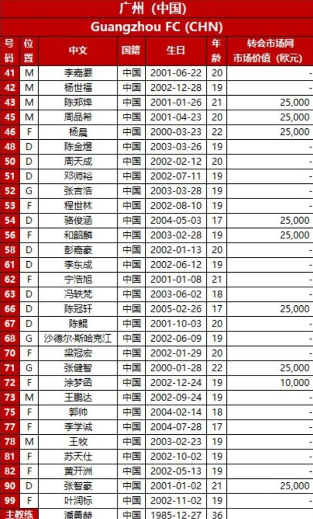 中超三强亚冠名单：均为年轻球员 刘军帅方昊在列