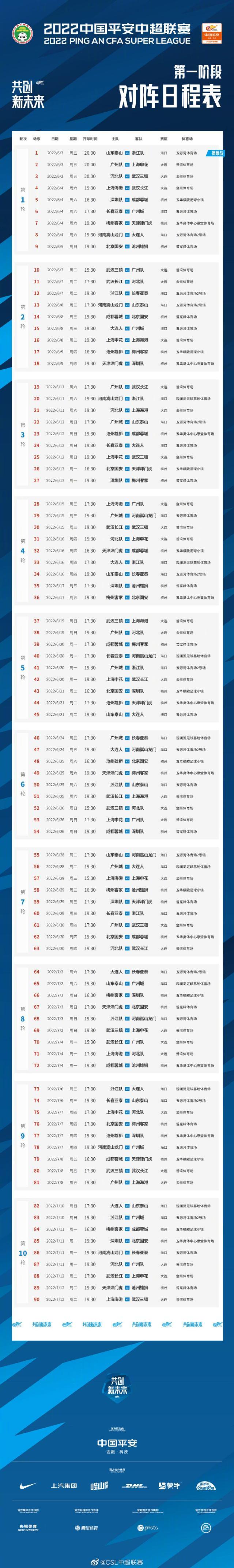 中超首阶段赛程：泰山VS浙江揭幕战 次轮上海德比
