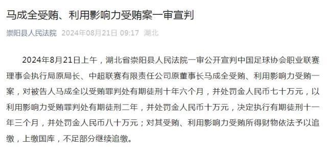 中超原董事长马成全获刑11年3个月 并处罚金80万